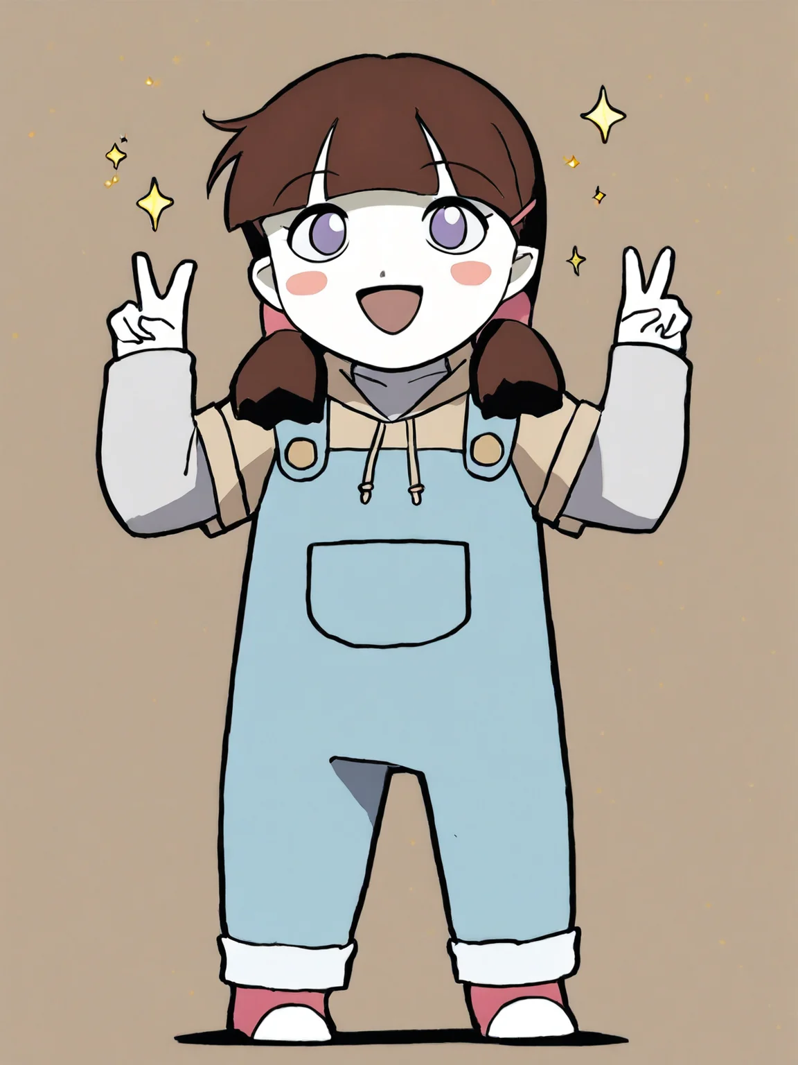 score_9, score_8_up, score_7_up, score_6, source_anime, 1girl, <lora:BigO_PDXLv1c Tami:1> tami_(the_big_o), pale skin, brown hair, blush stickers, purple eyes, twintails, hairclip, red white footwear, blue overalls, tan hoodie, gray long sleeves, hood up, big smile, happy, v, cute pose, sparkle, golden sparkles