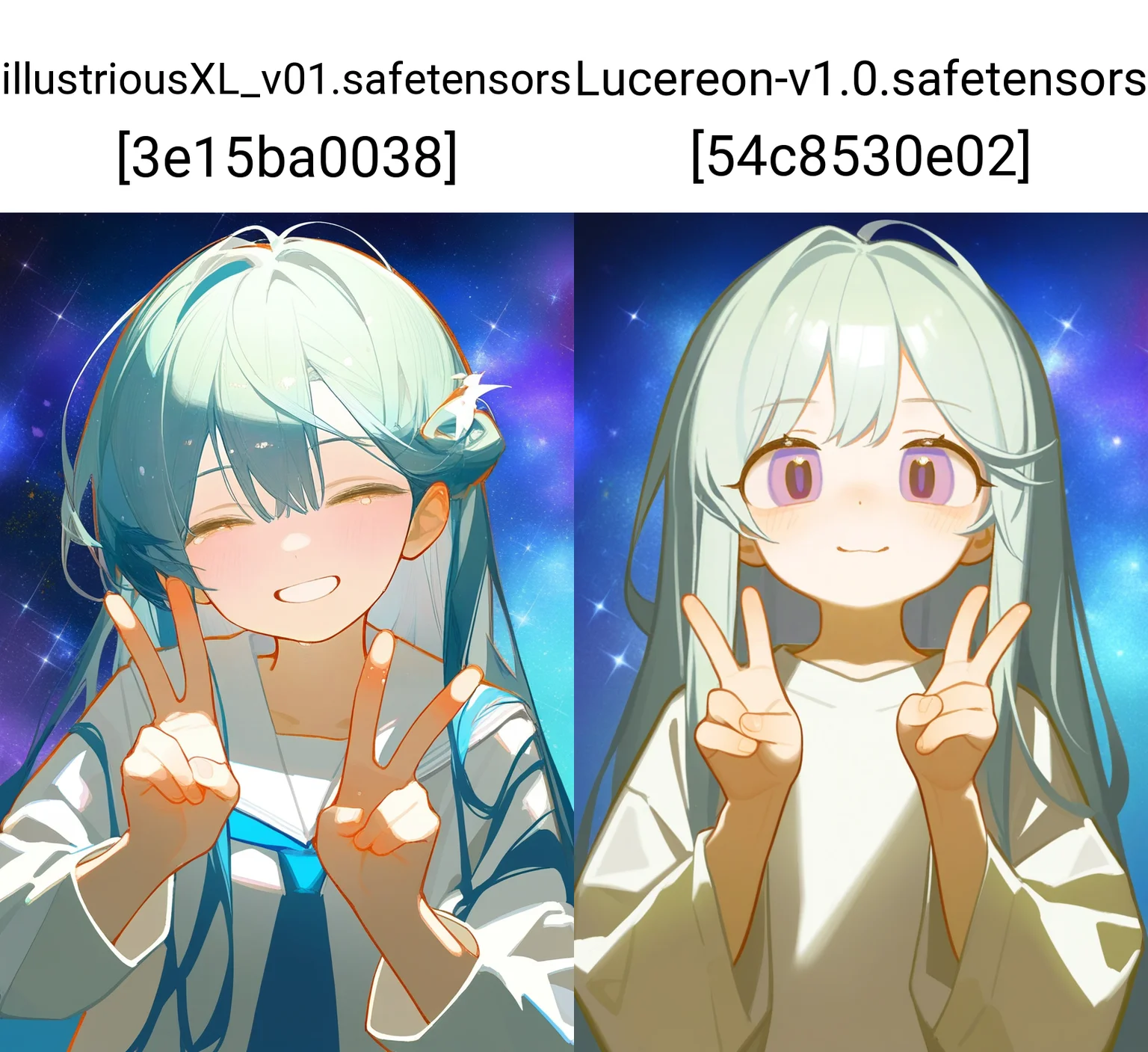 Tianliang Duohe Fangdongye
best quality, amazing quality, very aesthetic, absurdres
1girl,solo,soft smile, upper body, peace sign, (galaxy background:1.4)