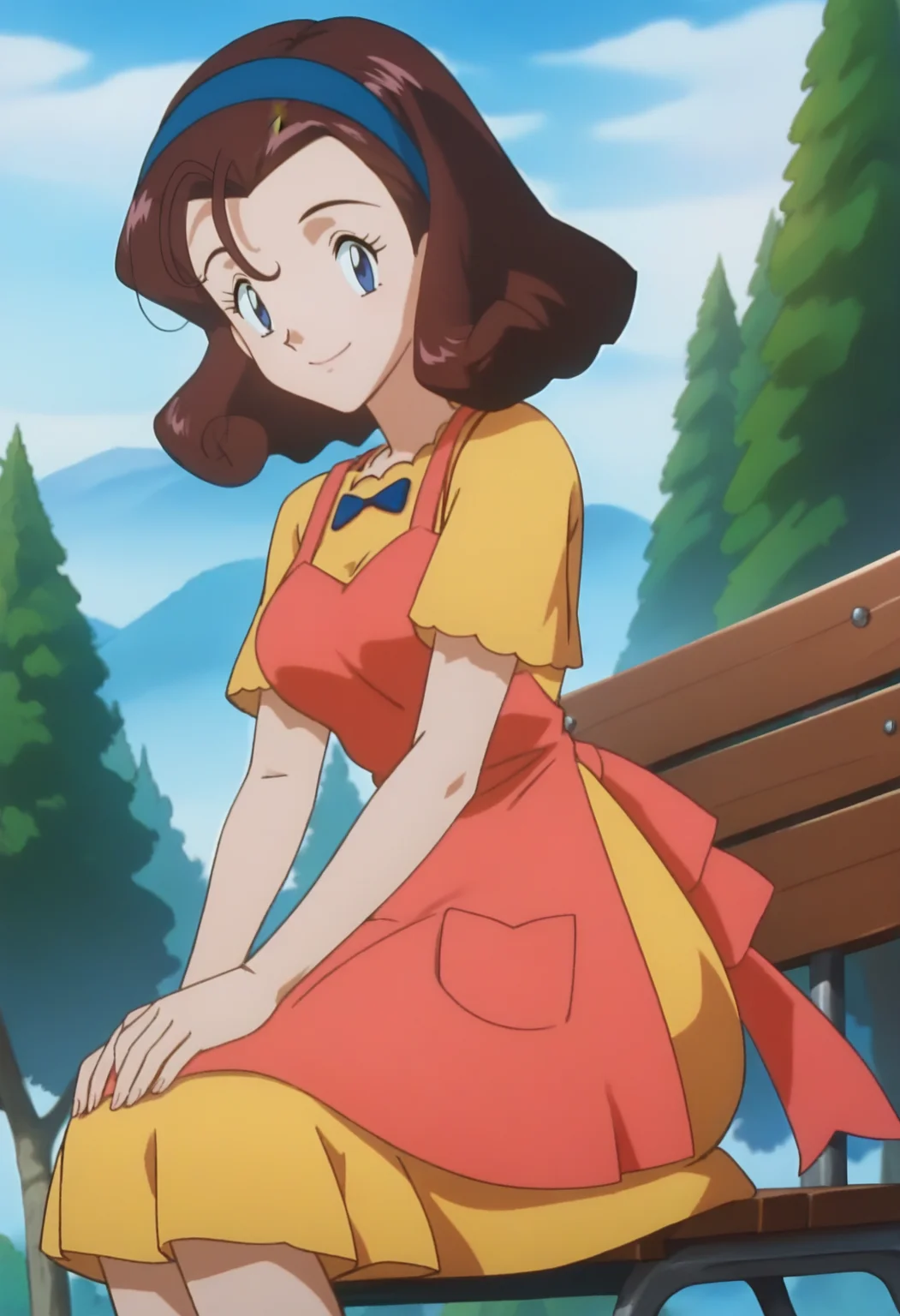 score_9, score_8_up, score_7_up, score_6_up, anime screencap, anime coloring, <lora:PMReiko_epoch_10:0.9>, PMReiko, 1girl, solo, brown hair, blue hairband, short hair, blue eyes, breasts,
pink apron, yellow dress, short sleeves, green shoes,
looking at viewer, smile, sitting, bench, from side,
BREAK blue sky, sunlight, day, sunbeam, outdoors,