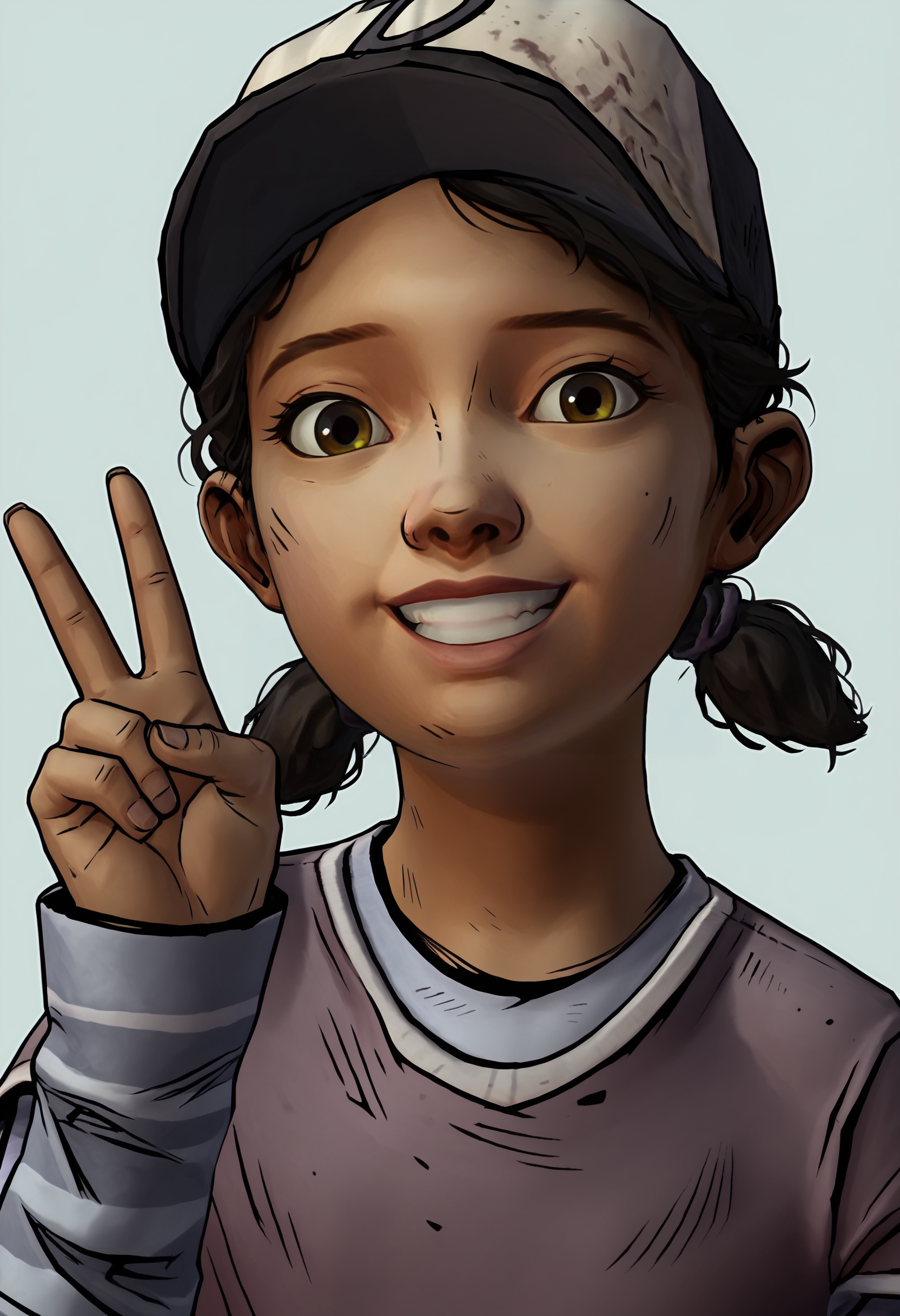 score_9, score_8_up, score_7_up, score_6_up, score_5_up, score_4_up, 1girl,  <lora:ClementineS2:0.85> black hair, short twintails, brown eyes, dark skin, hat, baseball cap, shirt, layered sleeves, short over long sleeves, long sleeves, pants, upper body, standing, smile, happy, laugh, looking at viewer, v sign, 
(light blue background), simple background,