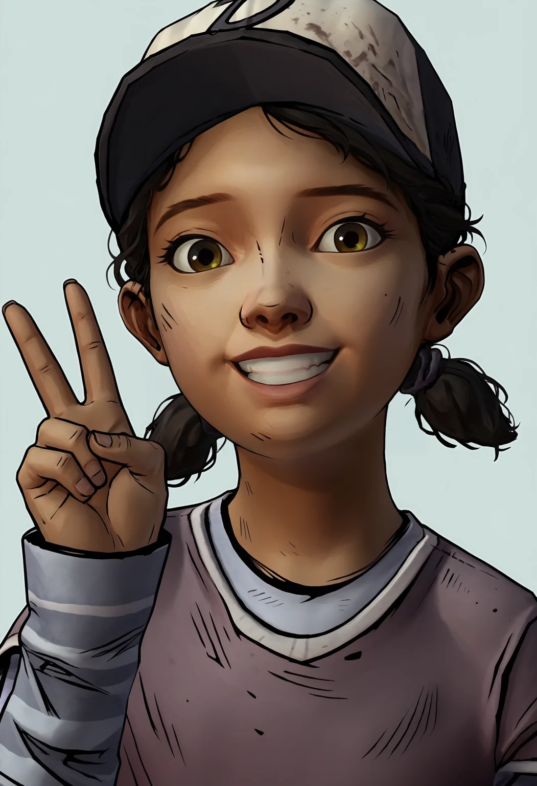 score_9, score_8_up, score_7_up, score_6_up, score_5_up, score_4_up, 1girl, <lora:ClementineS2:0.85> black hair, short twintails, brown eyes, dark skin, hat, baseball cap, shirt, layered sleeves, short over long sleeves, long sleeves, pants, upper body, standing, smile, happy, laugh, looking at viewer, v sign,
(light blue background), simple background,