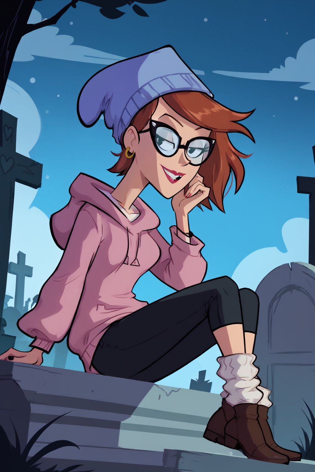 score_9, score_8_up, score_7_up, masterpiece, high quality, BREAK
 <lora:Bloody MarryPonyLoRA:0.8>bldymary, beanie, short hair, earrings, glasses, sweater, pants, loose socks, shoes, sitting in a graveyard