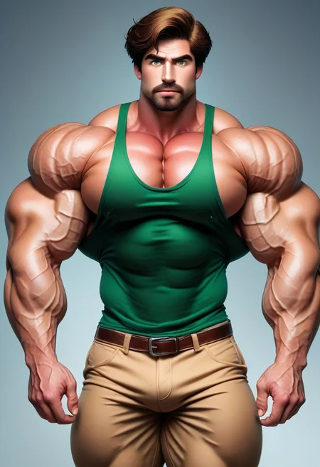 muscle, muscular, bara muscle, large, shaggy rogers , green shirt, brown hair, goatee, brown pants, brown-green eyes  BrutalMass, muscular male, bodybuilder, vascular, veins
<lora:@brtlmss1.v2.style.ponyXL-brutalmass-savagemuscles:0.3>