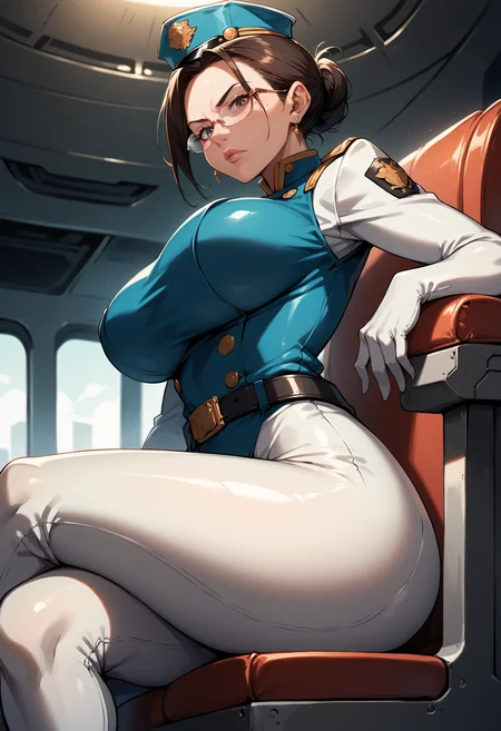 score_9, score_8_up, score_7_up BREAK spacecraft interior, science fiction, mature female, military uniform, blazer, white gloves, bodysuit, skin tight, high collar, rectangular eyewear, semi-rimless eyewear, mole under eye, serious, forehead, tied hair, [half-updo|folder ponytail], pursed lips, sitting, chair, armrest, officer, impossible clothes, crossed legs, from below, from side, huge breasts, wide hips, female service cap, looking down, looking at you,holding folder, belt, belt buckle, earrings,