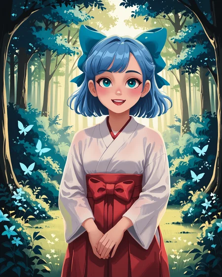 1girl, mikofa, happy, beautiful forest, hair bow, blue hair, extremely detailed, digital art, masterpiece, absurdres, highest quality, score_9, score_8_up, score_7_up, <lora:MikoNextGen_XL:1>, <lora:MSMLN:0.6>, MSMLN