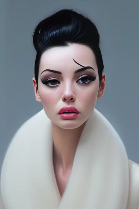 hyper realistic portrait painting of a tired beautiful woman with flattop black hair wearing haute couture garments by Irakli Nadar <lora:Irakli_Nadar_Style_XL>