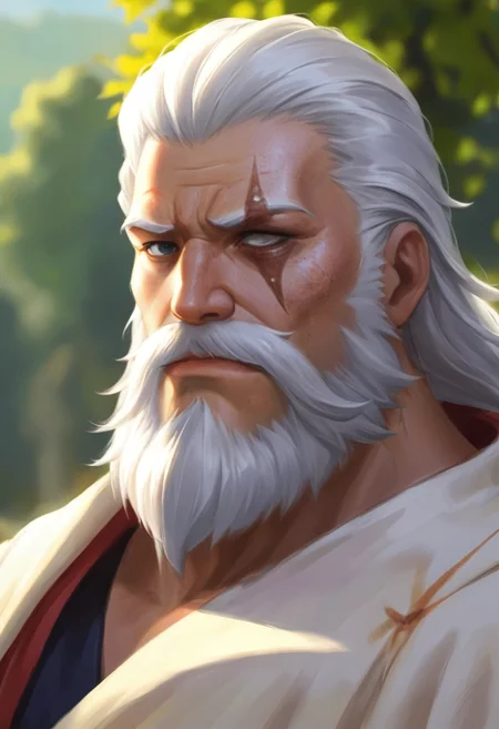 anime,illustration,Reinhardt sits on an outdoor bench in his priestly robes,sunning himself,<lora:xl-reinhardt-000012:0.7>,scar across eye,beard,white hair,