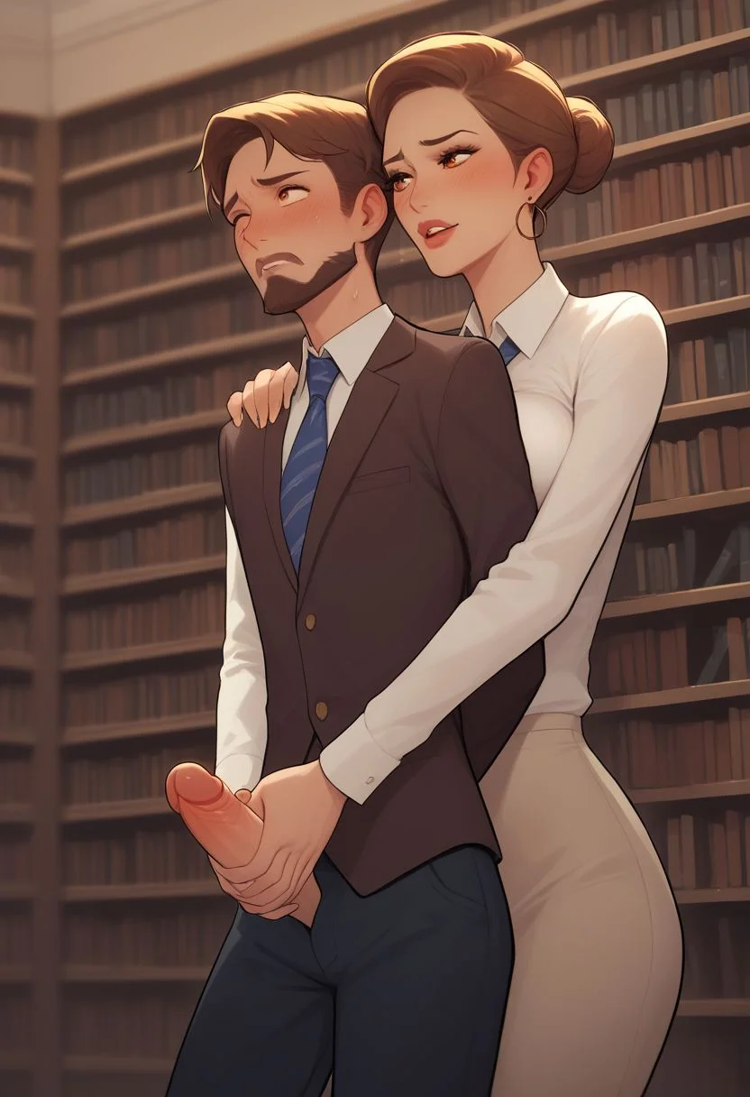 score_9, score_8_up, score_7_up, 1boy and 1girl, library, (bearded boy with big penis and his hands behind his back) standing in front of (feminine aunt librarian), boy in front of girl, reach-around handjob, masterpiece, nervous boy with hands behind his back, body focus, pretty eyes, good eyes, facing viewer, eyes open, open eyes,