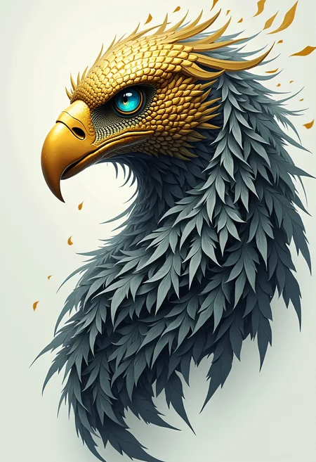 high quality, highly detailed, colorful, abstract, fantasy, fantasy background, The image is a digital illustration of a bird's head and neck. The bird appears to be an eagle, with its head facing towards the left side of the image. The head is made up of a golden-colored stone, with a blue-green eye in the center. The stone is intricately carved into the shape of a snake's head, with the snake winding around the snake's neck in a circular pattern. The snake's body is covered in dark grey leaves, creating a contrast with the golden stone. The leaves are arranged in a way that creates a sense of depth and dimension. The background is a light grey color, making the bird and its surroundings stand out. The overall style of the illustration is futuristic and intricate.<lora:FLUX\Enhancer\flux_vividizer.safetensors:0.8:0.8> <lora:FLUX\Style\WorldOfDarknessFlux.safetensors:0.6:0.6>