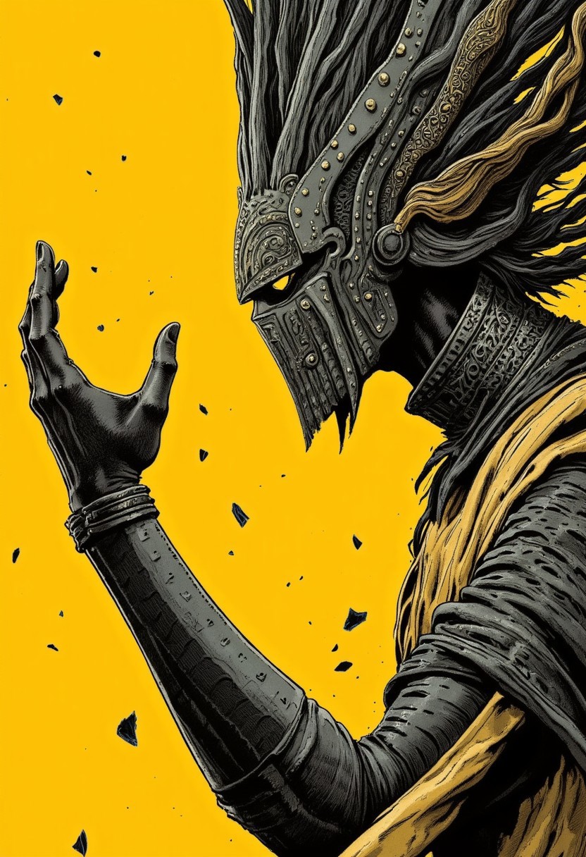 Hand Up stance, Fight stance, Action Pose, action scene, floating particles, high Budget Anime sequence, S1n0z1ck style, extremem Closeup of an retro art Ninja, flat color two toned in bleaked yellow and Grey, resembling a mushroom syberian masked intricate designed haitian Warrior in Relief high collar metal armor, cinematic lighting, insane details, hyperrealistic extreme closeup macro photography, 64 megapixel DSLR