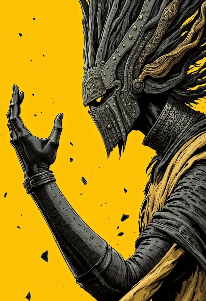 Hand Up stance, Fight stance, Action Pose, action scene, floating particles, high Budget Anime sequence, S1n0z1ck style, extremem Closeup of an retro art Ninja, flat color two toned in bleaked yellow and Grey, resembling a mushroom syberian masked intricate designed haitian Warrior in Relief high collar metal armor, cinematic lighting, insane details, hyperrealistic extreme closeup macro photography, 64 megapixel DSLR