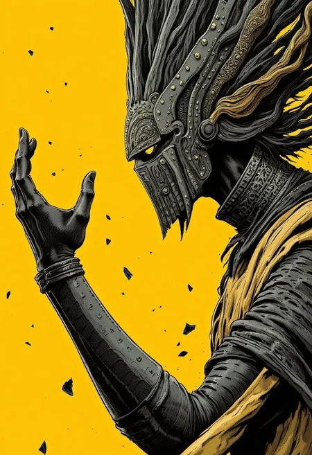 Hand Up stance, Fight stance, Action Pose, action scene, floating particles, high Budget Anime sequence, S1n0z1ck style, extremem Closeup of an retro art Ninja, flat color two toned in bleaked yellow and Grey, resembling a mushroom syberian masked intricate designed haitian Warrior in Relief high collar metal armor, cinematic lighting, insane details, hyperrealistic extreme closeup macro photography, 64 megapixel DSLR