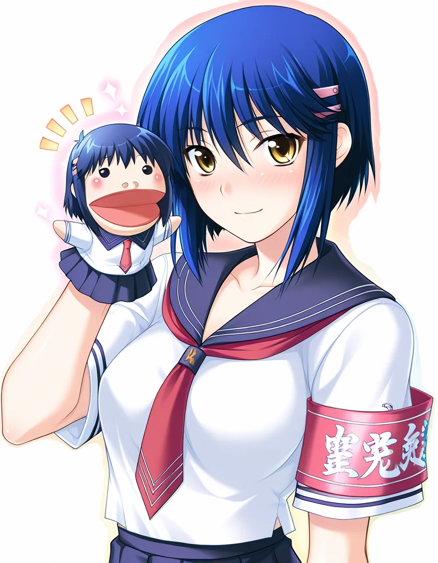masterpiece, best quality, amazing quality, very aesthetic, absurdres, official art, ultra detailed,
1girl, solo, kurogane_otome(tsuyo_kiss ), blue hair, short hair, yellow eyes, hairclip BREAK
school uniform, white serafuku, skirt, armband, light happy, blush, looking at viewer, standing, hppt,hand puppet, happy aura simple background, white background, upper body <lora:hand_puppet_IL_v1:1>
<lora:kurogane otome v1.0-000013:1>