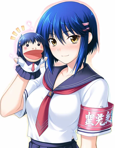 masterpiece, best quality, amazing quality, very aesthetic, absurdres, official art, ultra detailed,
1girl, solo, kurogane_otome(tsuyo_kiss ), blue hair, short hair, yellow eyes, hairclip BREAK
school uniform, white serafuku, skirt, armband, light happy, blush, looking at viewer, standing, hppt,hand puppet, happy aura simple background, white background, upper body <lora:hand_puppet_IL_v1:1>
<lora:kurogane otome v1.0-000013:1>