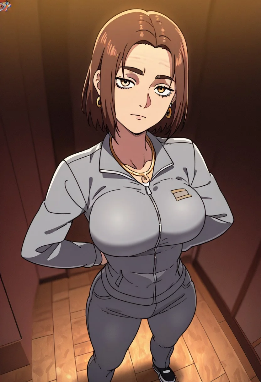 (Masterpiece), (high quality), (high res), (good quality), score_9, score_8_up, score_7_up, (1girl), (solo), ng_deepnegative_v1_75t, easynegative, BREAK, DanaPF, Short Hair, Brown Hair, Light Toned Skin, Grey Jacket, Jacket, Gold Chain, Chain, Jewelry, Grey Pants, Black Shoes, earrings, breast, breast focus, breast focused, bedroom