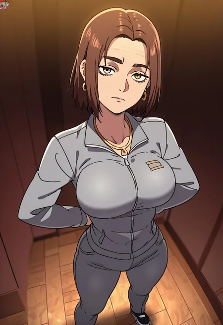 (Masterpiece), (high quality), (high res), (good quality), score_9, score_8_up, score_7_up, (1girl), (solo), ng_deepnegative_v1_75t, easynegative, BREAK, DanaPF, Short Hair, Brown Hair, Light Toned Skin, Grey Jacket, Jacket, Gold Chain, Chain, Jewelry, Grey Pants, Black Shoes, earrings, breast, breast focus, breast focused, bedroom