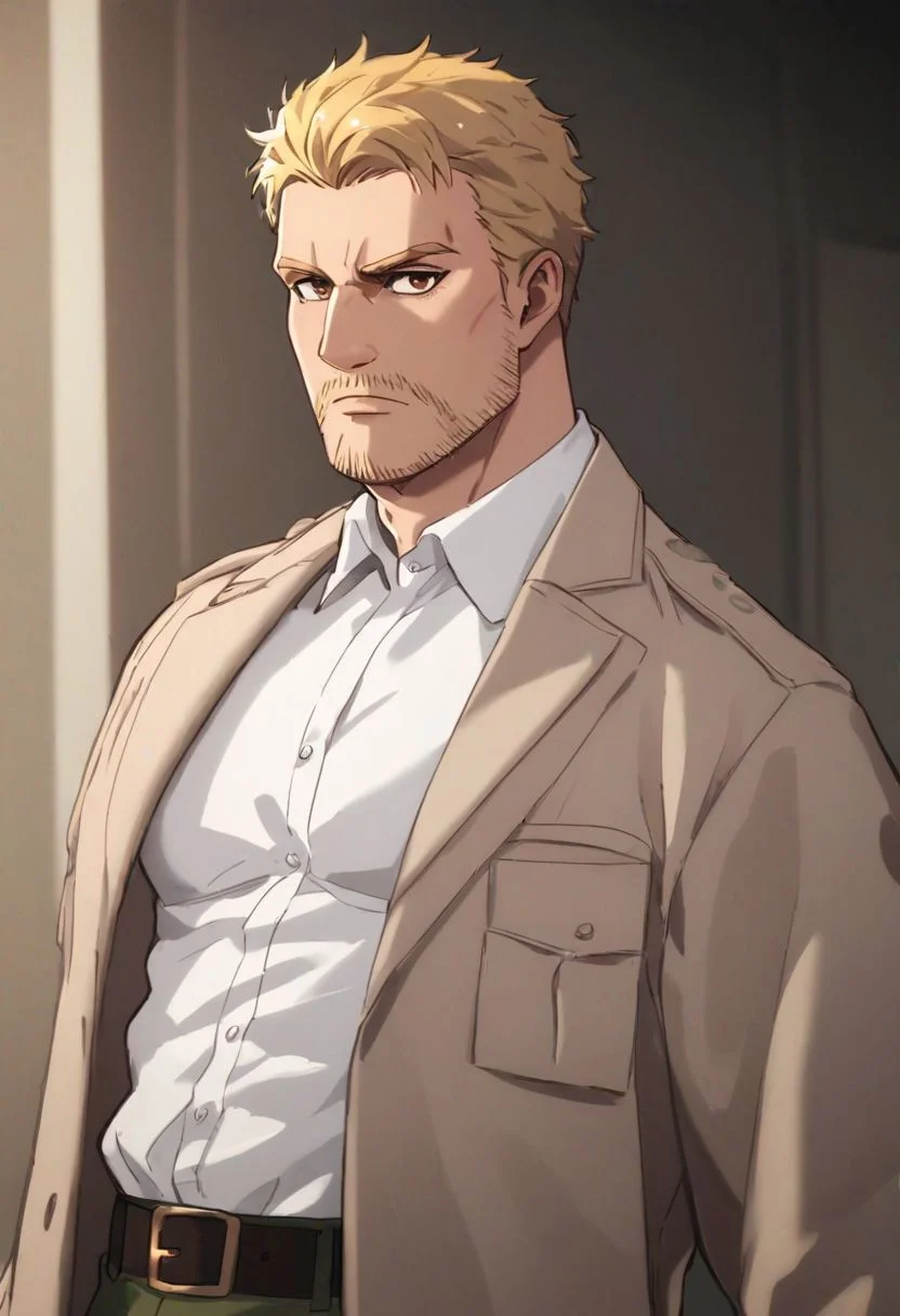 score_9, score_8_up, score_7_up, solo male, Reiner Braun, blond hair, short hair, flat hair (facial hair, stubble:1.1), hazel eyes, thin eyebrows, tall, white collared shirt, light-brown trench coat, (open coat:1.2), military green pants, black combat boots, handsome, charming, alluring, upper body, perfect anatomy, perfect proportions, best quality, masterpiece, high_resolution, cowboy shot, photo background, (perfect face, perfect eyes:1.3)