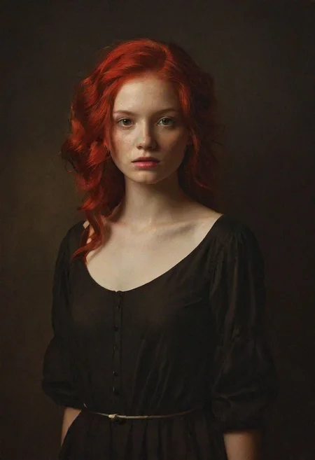 1girl, red hair, Rembrandt Lighting Style, low light, darkness, (smoke:0.6),  RBW-XL, dvr-trd art by alexeyegorov