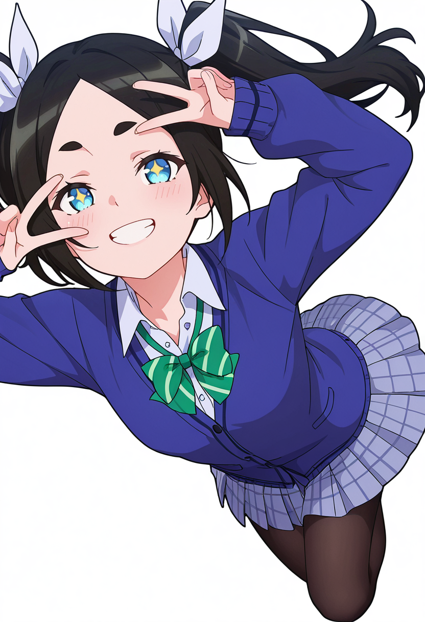 Smooth Quality,masterpiece,very intricate, high quality details, ultra realistic, high detailed skin,detailed enviorement,absurdres,
v over eye,
 <lora:Dannar_Toxico_CNR:0.8> toxico_cnr, 1girl,black hair, twintails, blue eyes, thick eyebrows,toxico_school_cnr, school uniform, white shirt, collared shirt, blue cardigan,pleated skirt, black pantyhose, hair ribbon,green bow,green bowtie,, simple background, white background, sideways,
jumping, arms open, legs bent, smiling, midair,  ,, + +,