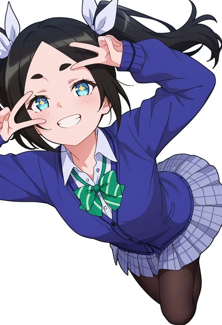 Smooth Quality,masterpiece,very intricate, high quality details, ultra realistic, high detailed skin,detailed enviorement,absurdres,
v over eye,
<lora:Dannar_Toxico_CNR:0.8> toxico_cnr, 1girl,black hair, twintails, blue eyes, thick eyebrows,toxico_school_cnr, school uniform, white shirt, collared shirt, blue cardigan,pleated skirt, black pantyhose, hair ribbon,green bow,green bowtie,, simple background, white background, sideways,
jumping, arms open, legs bent, smiling, midair, ,, + +,