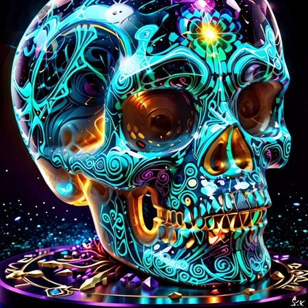 detailed, realistic, 8k uhd, high quality, masterpiece, crystal scull, glowing, shining, magic runes, particle effects, on a pedestal