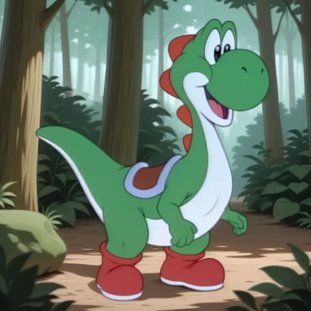 masterpiece, best quality, amazing quality, YoshiSMWil, feral, male, dinosaur, green skin, black eyes, red shoes, solo, full body, standing, happy, in forest,, <lora:13cc8cd9-a879-4f80-9159-7800ca5aaf7f:1.0>