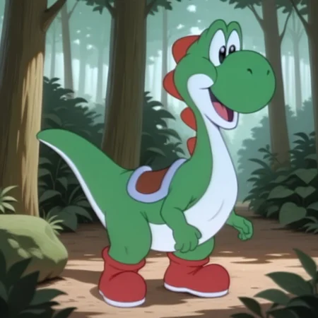 masterpiece, best quality, amazing quality, YoshiSMWil, feral, male, dinosaur, green skin, black eyes, red shoes, solo, full body, standing, happy, in forest,, <lora:13cc8cd9-a879-4f80-9159-7800ca5aaf7f:1.0>