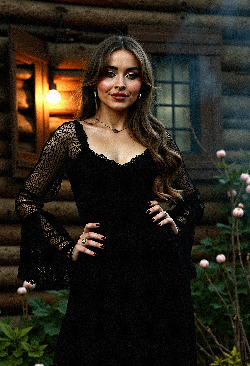 Extremely photorealistic photography of A Gothic woman sabcarp with dark tones and intricate details, dressed in a bohemian crochet dress with voluminous bell sleeves. The outside rustic wooden house setting is illuminated by dramatic, high-contrast lighting, creating a moody, mysterious atmosphere. Black flowers and wilted blooms add to the textured, haunting beauty of the scene.
Incorporate a light mist or fog rolling through her surrounding, softening the edges and adding mystery.Introduce floating dust particles illuminated by light beams, adding texture and realism.
The woman places one hand on her hip, with her head tilted and a confident smirk.