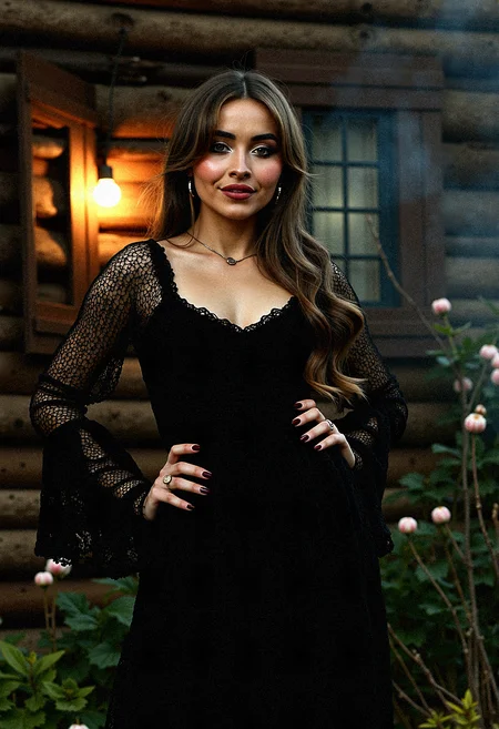 Extremely photorealistic photography of A Gothic woman sabcarp with dark tones and intricate details, dressed in a bohemian crochet dress with voluminous bell sleeves. The outside rustic wooden house setting is illuminated by dramatic, high-contrast lighting, creating a moody, mysterious atmosphere. Black flowers and wilted blooms add to the textured, haunting beauty of the scene.
Incorporate a light mist or fog rolling through her surrounding, softening the edges and adding mystery.Introduce floating dust particles illuminated by light beams, adding texture and realism.
The woman places one hand on her hip, with her head tilted and a confident smirk.