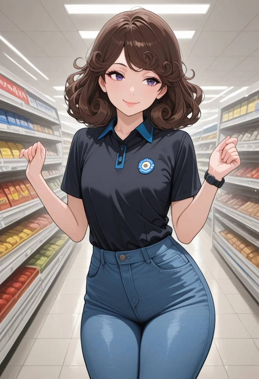 screencap, masterpiece, highres, 8k, clean_lines, perfect_anatomy, dynamic_lighting, 1girl, female, (mature female:1), young adult, cute, emo, alternative style, earnest smile, happy, thick thighs, flat chest, slim, (curly hair:1.6), dark brown hair color, indigo eyes, nice lips, manicure, classy simple makeup, blue jeans, polo shirt, smart watch, supermarket background, Walmart location,