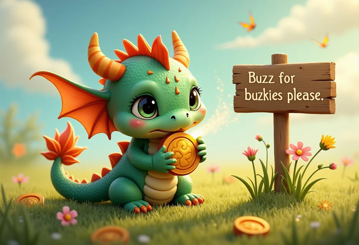 A chubby baby dragon sits in the middle of a grassy meadow, looking adorably helpless. Its tiny wings are too small to lift its round body, and it’s pouting with big, watery eyes that glimmer in the sunlight. The dragon’s scales are a soft pastel green with hints of gold, and its tail curls around a large buzz coin that it’s trying to nibble on like candy. Sparks of energy flicker from the coin, causing the dragon to sneeze little puffs of smoke.
Around the dragon are scattered coins and flowers, with a hand-painted wooden sign planted in the grass that reads:
“Buzz for snacks, please!”
Above its head, a speech bubble adds:
“Baby needs buzzies!”
The whole scene is bathed in warm, golden light, with butterflies fluttering nearby and fluffy clouds overhead. The baby dragon’s tiny claws and goofy expression make it irresistibly cute, perfectly capturing the innocent charm of a little creature just trying to gather some buzz.