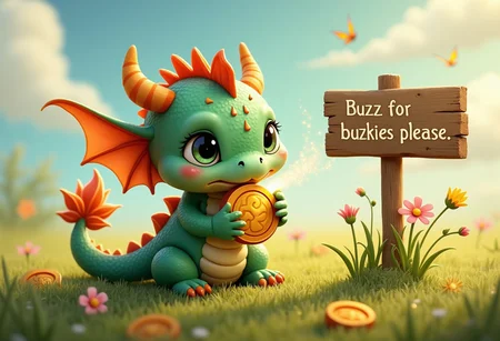 A chubby baby dragon sits in the middle of a grassy meadow, looking adorably helpless. Its tiny wings are too small to lift its round body, and itâs pouting with big, watery eyes that glimmer in the sunlight. The dragonâs scales are a soft pastel green with hints of gold, and its tail curls around a large buzz coin that itâs trying to nibble on like candy. Sparks of energy flicker from the coin, causing the dragon to sneeze little puffs of smoke.
Around the dragon are scattered coins and flowers, with a hand-painted wooden sign planted in the grass that reads:
âBuzz for snacks, please!â
Above its head, a speech bubble adds:
âBaby needs buzzies!â
The whole scene is bathed in warm, golden light, with butterflies fluttering nearby and fluffy clouds overhead. The baby dragonâs tiny claws and goofy expression make it irresistibly cute, perfectly capturing the innocent charm of a little creature just trying to gather some buzz.