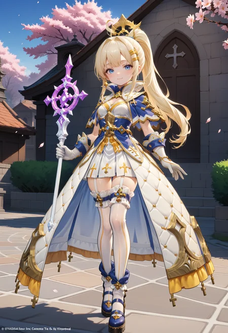 masterpiece, best quality, very aesthetic, absurdres, rom_saint_xl,
1girl, blonde hair, ponytail, hair ornament, blue eyes, light smile,
standing, full body, looking at viewer, one hand holding staff, outdoors, church, cherry blossoms, sunrise, falling petals, light rays, tyndall effect, vivid colors, tranquil and magical atmosphere,
shiny skin, beautiful face, beautiful eyes, extreme detailed, official art, professional illustration, hires,
<lora:rom_saint_pony_xl:1>, <lora:aesthetic_anime_v1s:0.5>, <lora:add_details_xl:0.5>