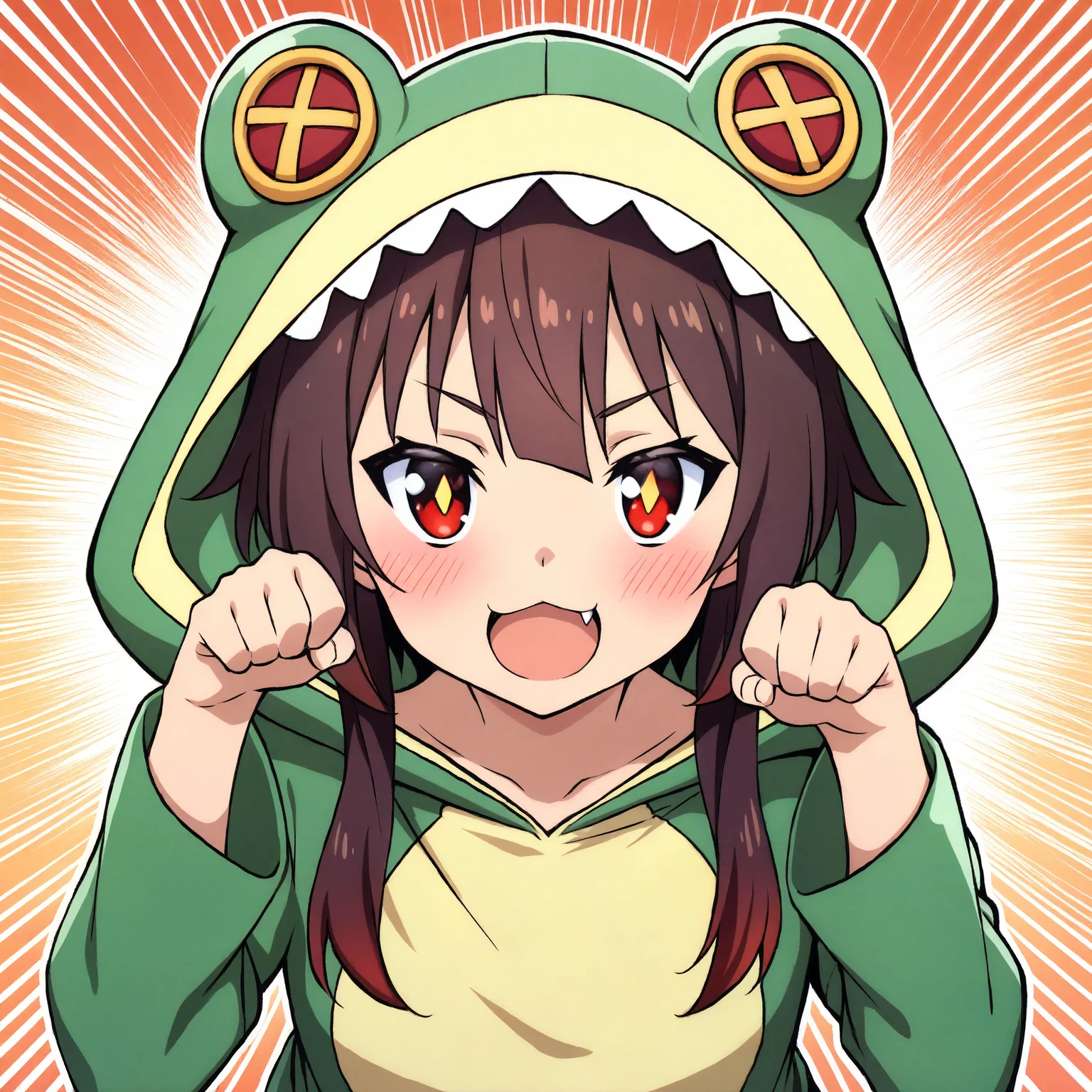 highres,absurdres,masterpiece,best quality,<lora:MeMaXL4 Type D:1>,megumin,frog suit,happy,looking at viewer,paw pose,upper body,gradient background,emphasis lines,
