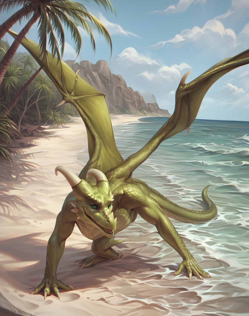 (score_9,score_8_up,score_7_up,score_6_up,score_5_up,score_4_up),high quality,detailled,(beach resort background, sand, outdoor, ocean, sunny, palm trees),<lora:easynegative:1>,<lora:Eyes_High_Definition:0.8>,eyeshd,<lora:StS_PonyXL_Detail_Slider_v1.4_iteration_3:0.8>,
BREAK
full body, <lora:vixenatrix_Peasants_quest:0.8> (vixenatrix, dragon wings, tail, scales, claws, horns,furry, dragon form,green eyes)