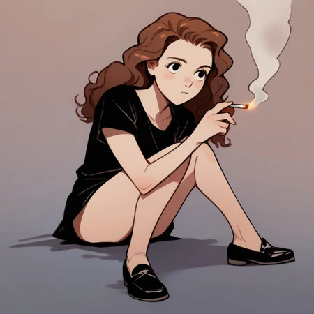 porn, score_9, score_8_up, score_7_up BREAK ebiOL, 1girl, black eyes, wavy brown hair, shirt, shoes, cartoon, smoking cigarrette, source_cartoon, cigarrette smoke,