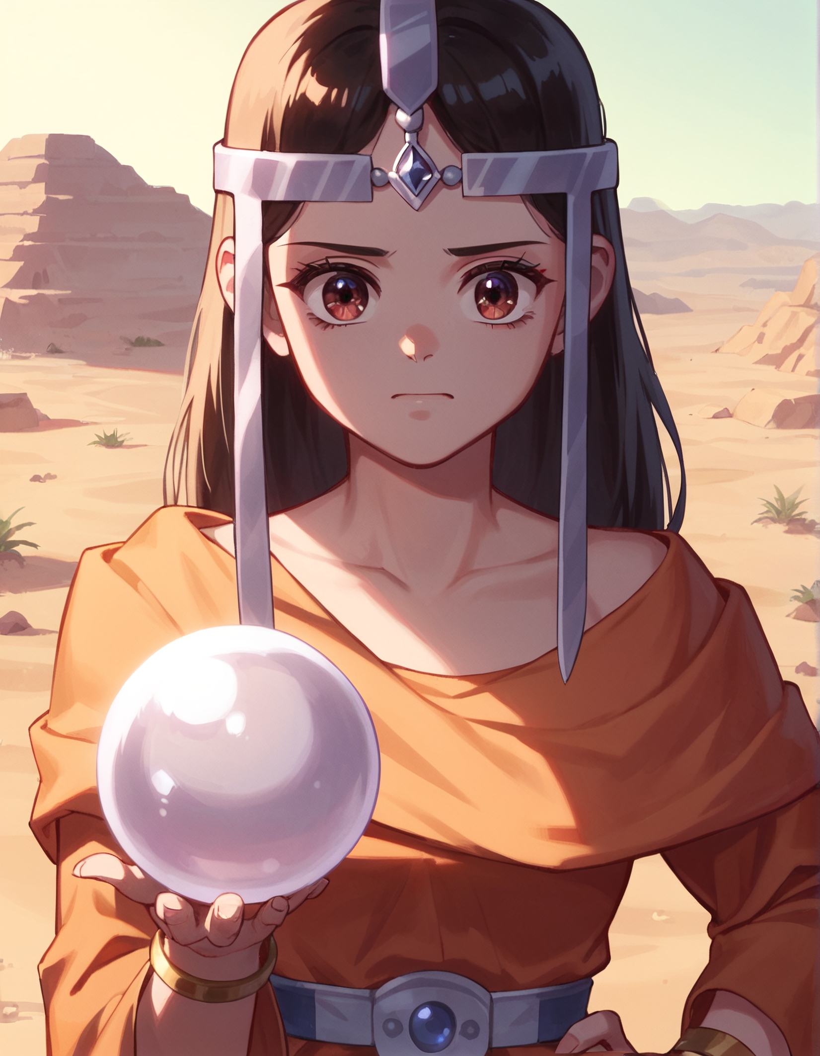 score_9, score_8_up, score_7_up,score_6_up,high resolution,upper body,mrl,1girl,in a desert,dress,circlet,volumetric lighting,rim lighting,dof,dramatic shadow,looking at viewer,standing,crystal ball,upper body,dynamic pose,looking at viewer,pov,front view,hand on hips,scared