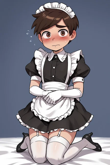 score 6 up,score 7 up, score 8 up,score 9,blush,short sleeves,looking at viewer,  <lora:marco_diaz:0.7>,marco diaz,brown hair,mole under left eye,short hair,solo,thick eyebrows,<lora:Lucyla_Art_Style:0.4>,male focus,maid headdress,maid uniform,,embarrassed,black heels,white elbow gloves, white stockings