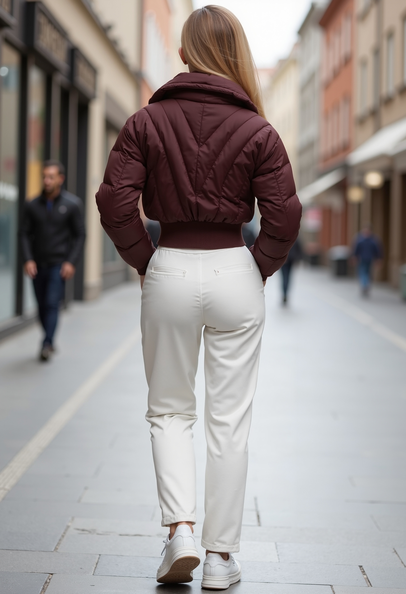 clo017, full body shot of a beautiful woman, lang blond hair, wearing a cropped chocolate-brown puffer jacket with V-shaped quilting on the back, ribbed waistband, long white trousers, white sneakers, rear view, posing on a shopping street