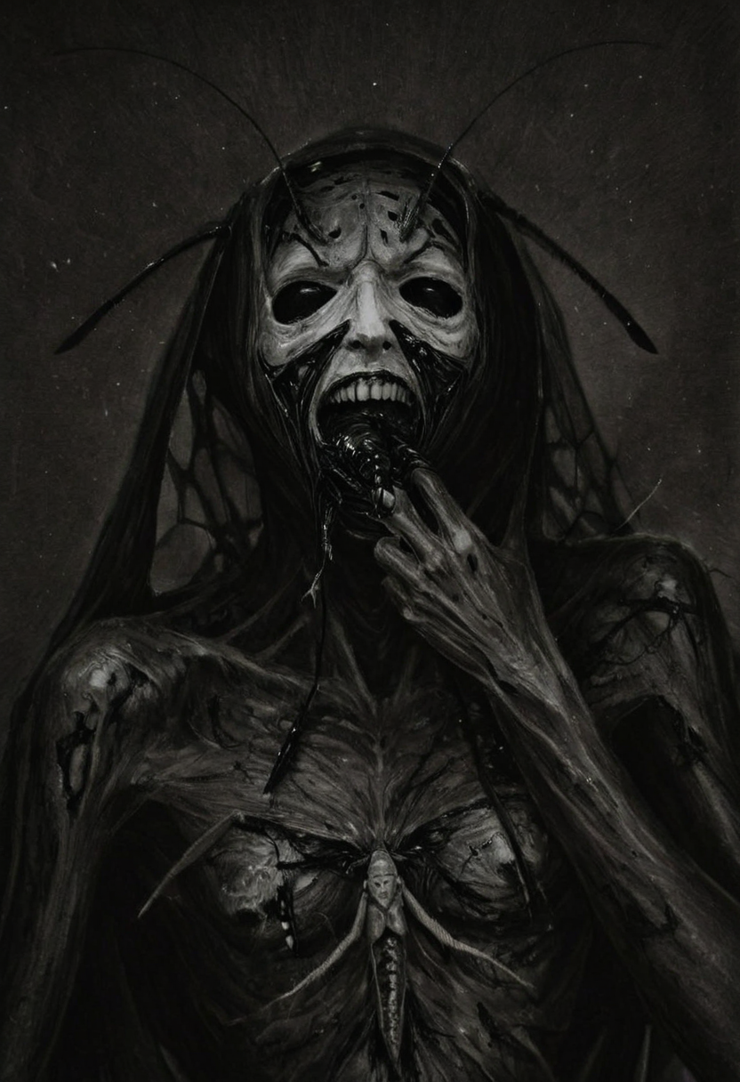 monoxxdr4ws, A dark, monochrome drawing depicting a horrifying, insect-covered figure peeling off its own face