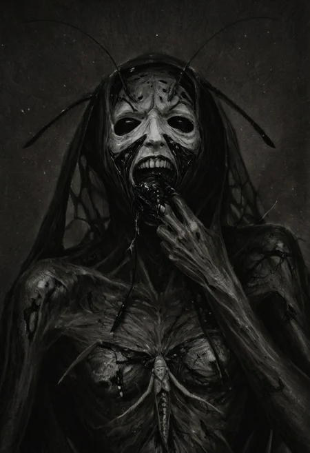 monoxxdr4ws, A dark, monochrome drawing depicting a horrifying, insect-covered figure peeling off its own face