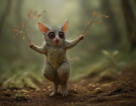 In a lush forest, a galago leaps gracefully among the trees. The air is alive with the whispers of magical creatures—glowing fairies flit between branches, while shimmering sprites dance on the leaves. The harmony of nature and enchantment creates a breathtaking scene, where the ordinary meets the extraordinary.