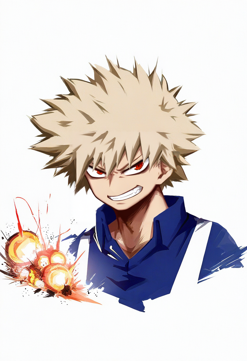 1boy, male focus, red eyes, bakugou katsuki, solo, spiked hair, blonde hair, explosion, white background, smile, looking at viewer, blue shirt, simple background, teeth, shirt, grin, upper body, collared shirt <lora:solaXL_NBVP1_lokr_V6311PZ:0.95>