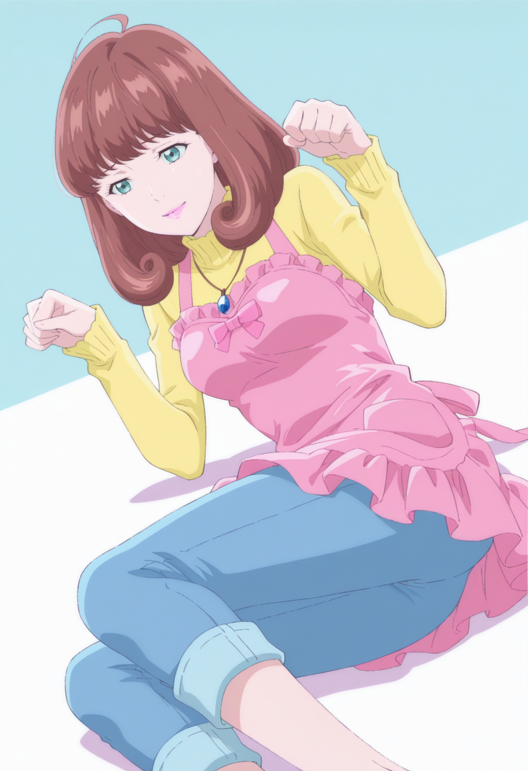 anime screencap, anime coloring, 1girl,  solo,   <lora:DX888MiraIL:1>gotokuji mira, aqua eyes, brown hair, medium hair, pink lips,necklace, yellow sweater, turtleneck sweater, pink apron, capri pants, jeans BREAK blue background, two-tone background, BREAK dutch angle,  from below, dynamic pose, posing, smile,       paw pose, lying, on side,