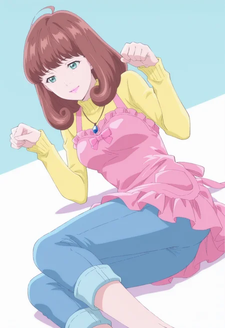 anime screencap, anime coloring, 1girl, solo, <lora:DX888MiraIL:1>gotokuji mira, aqua eyes, brown hair, medium hair, pink lips,necklace, yellow sweater, turtleneck sweater, pink apron, capri pants, jeans BREAK blue background, two-tone background, BREAK dutch angle, from below, dynamic pose, posing, smile, paw pose, lying, on side,