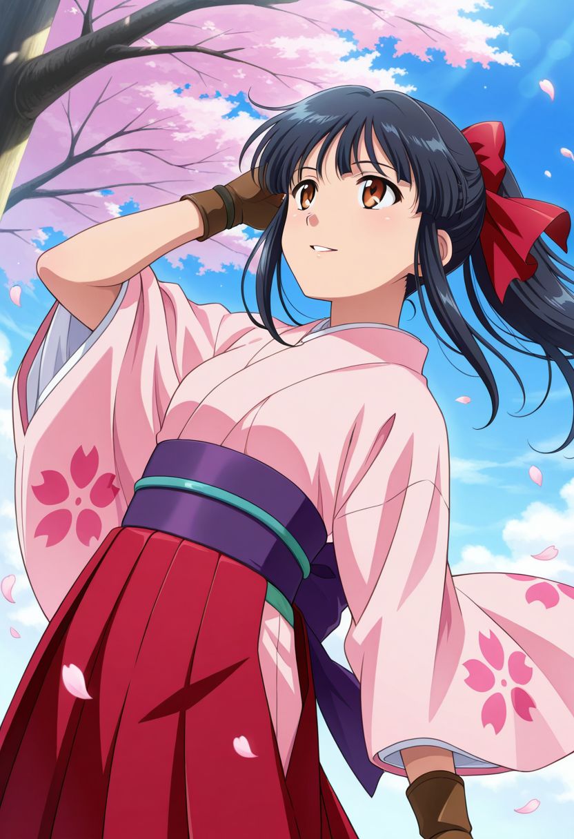 detailed eyes, beautiful, detailed background, perfect eyes,
source_anime, very aesthetic, anime coloring, masterpiece, official art,
<lora:HandFineTuning_XL:1>
BREAK,
sakura tree, japanese village, sakura petals, windy, floating hair,
cowboy shot, dynamic angle,
looking up, hand on hair, light smile, parted lips,
BREAK,
<lora:shinguji_illustrious_v01:0.9>
sakuraBase, black hair, hair ribbon, red ribbon, brown hair, ponytail, red bow, sidelocks, bangs,  
meiji schoolgirl uniform, japanese clothes, red hakama,  floral print sleeves, floral print kimono,  purple sash, fingerless gloves, green obijime,