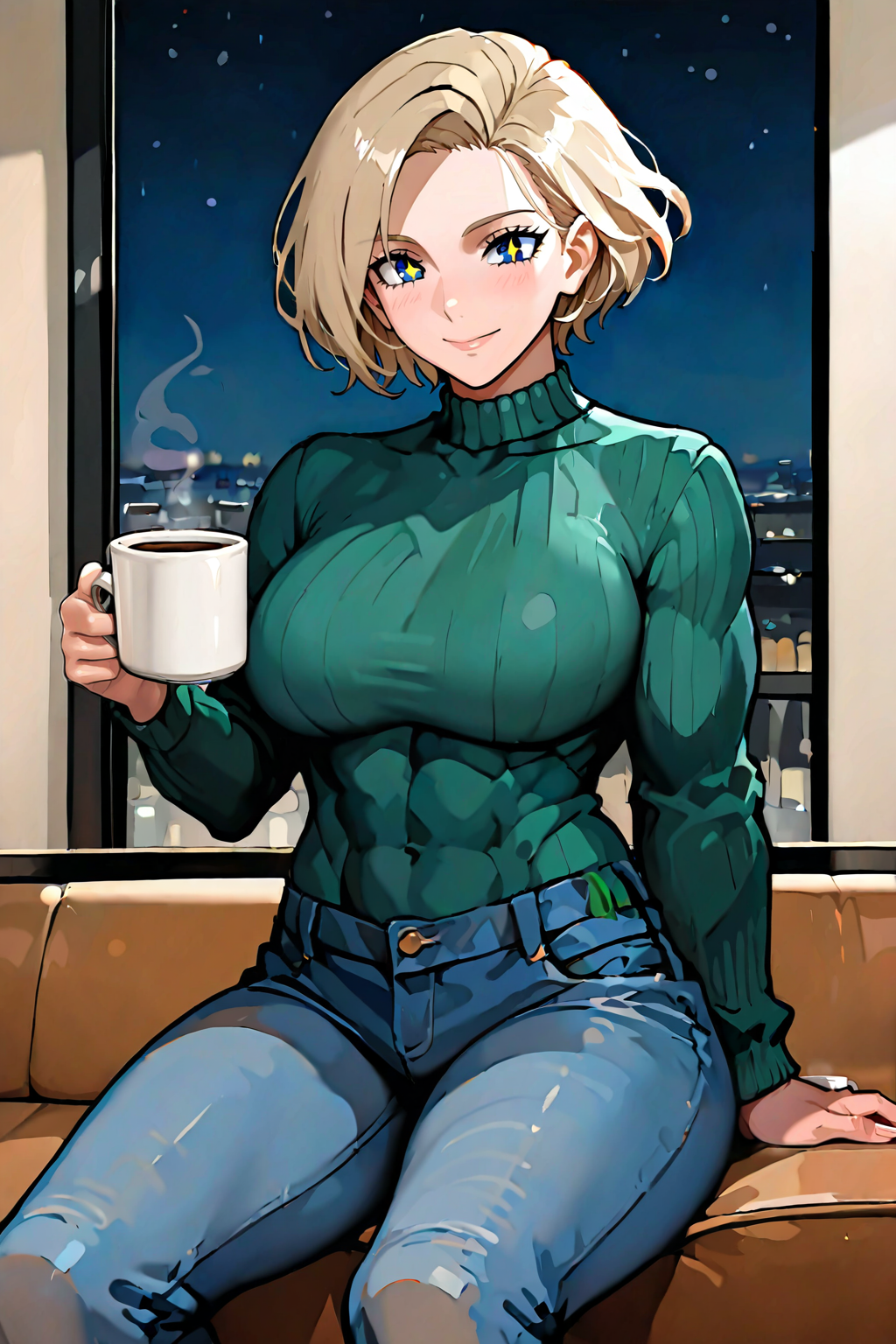 masterpiece, good quality, best quality, very awa, very as2, absurdres, highres, <lora:NOOB_vp1_detailer_by_volnovik_v1:1>,
 <lora:WrestlerPureonyxNoobAiLoRA:0.8>femwrest, short hair, muscular female, green sweater, jeans, sitting, in a cafe, holding a mug of coffee, smile, at night, dim light, stars (sky)