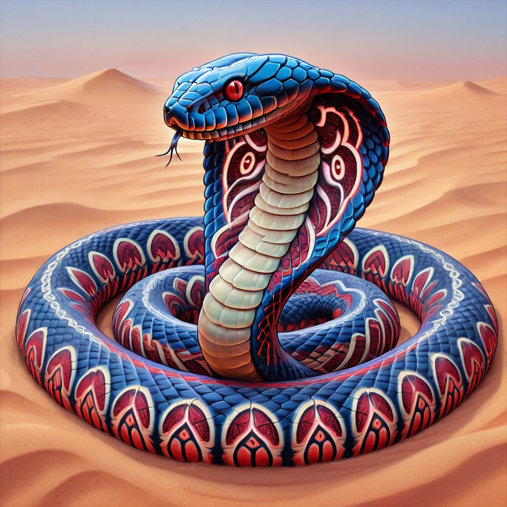 masterpiece, best quality, <lora:NajaCobra_Illustrious:1> Naja, animal focus, no humans, in dry dry desert, crazy pattern, snake, red pattern, neon patternâââ
