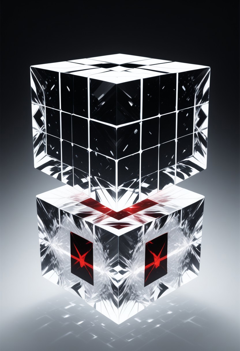 (masterpiece), best quality, Anime, (Floating Cube), White Background, No Humans, Black and Red Theme, (Light Refraction), Symphtia-Style