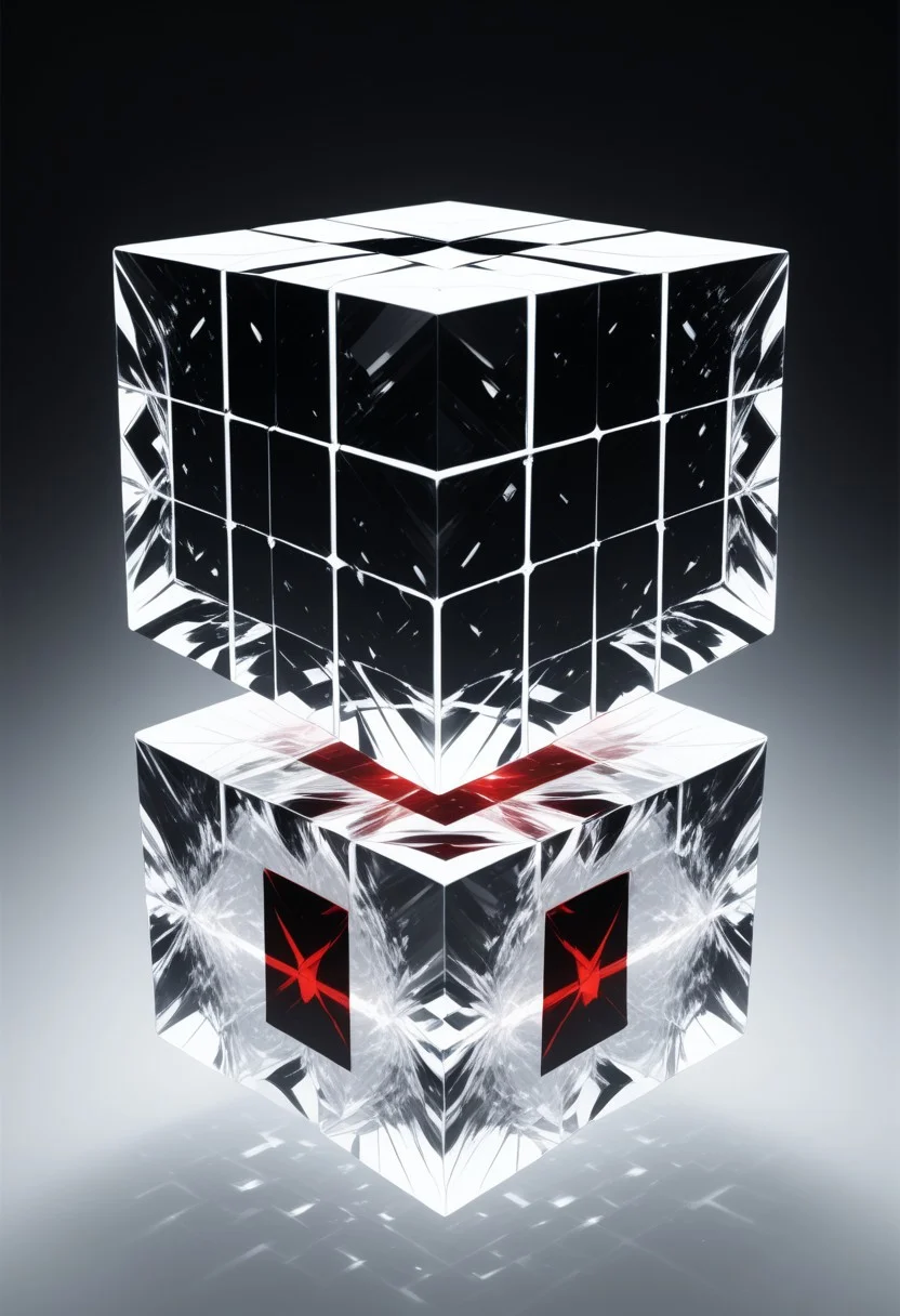 (masterpiece), best quality, Anime, (Floating Cube), White Background, No Humans, Black and Red Theme, (Light Refraction), Symphtia-Style